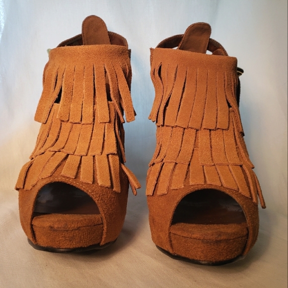 N.Y.L.A “Fancy” Suede Leather, Fringe Platform, 5 Inch Stiletto Heels - Picture 2 of 10